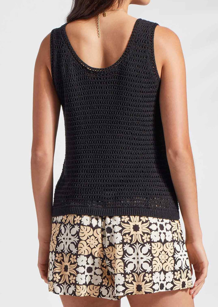Chic black crochet scoop neck double layer lined tank top by Tribal x 21 Palms Manitoba Canada
