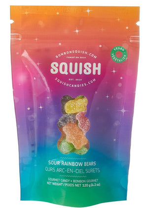 Squish Candies made in Canada vegan non gelatin sour rainbow fruity gummy bears Manitoba Canada