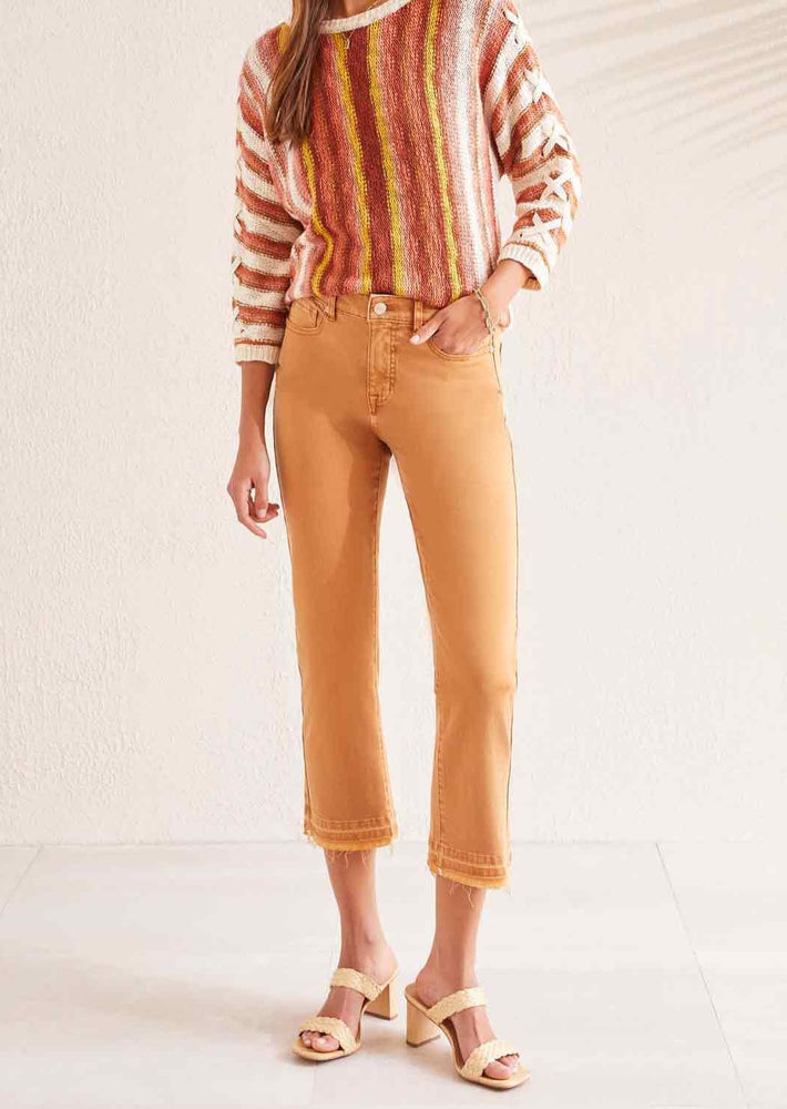 dark tan high stretch 25" inseam cropped flare jeans with raw exposed hem fly front spring capsule wardrobe Manitoba Canada