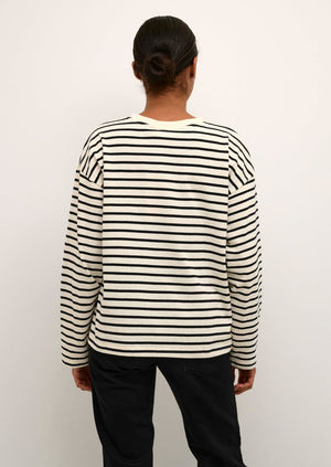 Kaffe ladies capsule wardrobe essential black and white stripe cotton long sleeve t-shirt with relaxed fit Manitoba Canada