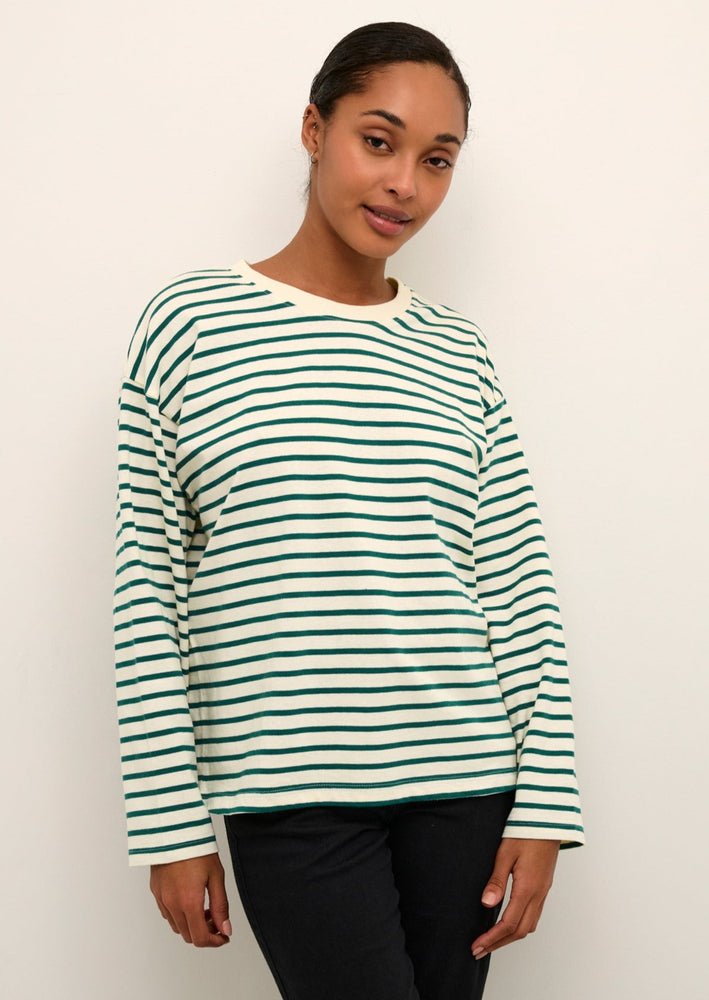 Kaffe ladies crew neck forest green white striped cotton long sleeve classic everyday t-shirt Manitoba Canada