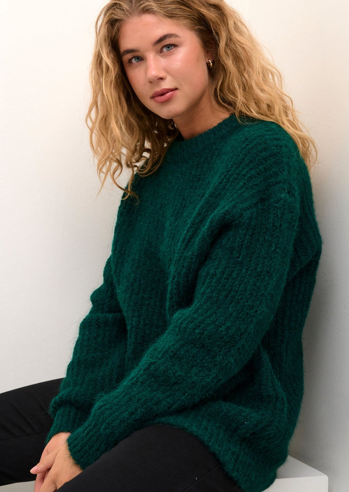 
            
                Load image into Gallery viewer, kaffe womens ane oversized crew neck fuzzy rib knit pullover tunic sweater aventurine dark teal Manitoba Canada
            
        