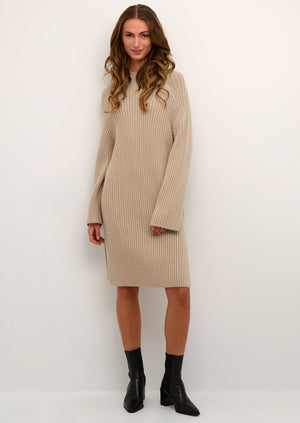 
            
                Load image into Gallery viewer, Kaffe ladies thora ribbed knit boat neck long bell sleeve knee length tunic dress feather grey beige Manitoba Canada
            
        