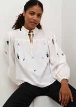 Kaffe white floral embroidered billowy bohemian puff sleeve frill neck blouse Manitoba Canada 