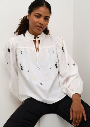 
            
                Load image into Gallery viewer, Kaffe white floral embroidered billowy bohemian puff sleeve frill neck blouse Manitoba Canada 
            
        