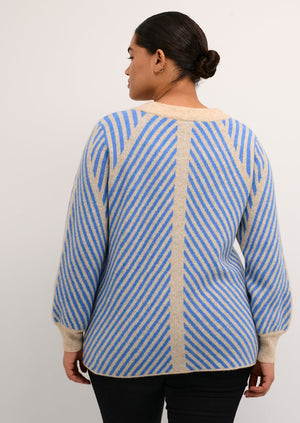 
            
                Load image into Gallery viewer, Kaffe curve plus size crew neck everyday officewear chevron stripe light blue sweater Manitoba Canada
            
        