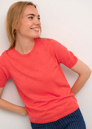 Feminine dot stitch polka dot crew neck classic short sleeve sweater in hot coral Manitoba Canada 