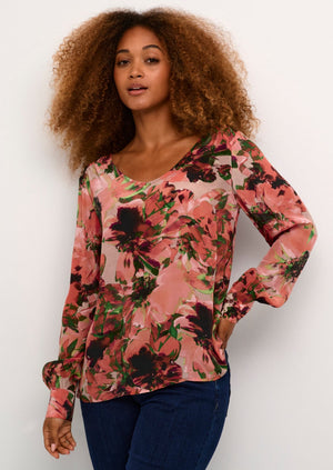 Vibrant bold coral floral v-neck drapey silk like blouse by Cream Manitoba Canada