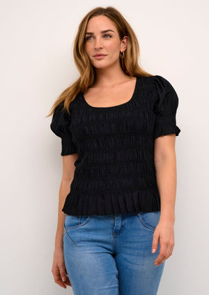 Black o-neck feminine seer sucker rouched elevated date night top with puff sleeves Manitoba Canada