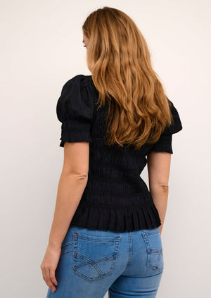 Pretty black seer sucker rouched jeans top with puff sleeves Manitoba Canada