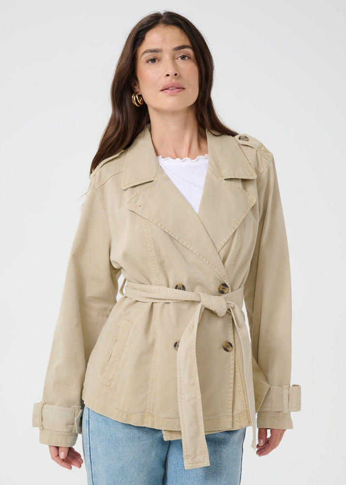Classic cotton cropped trench coat double breasted with belt beige Manitoba Canada