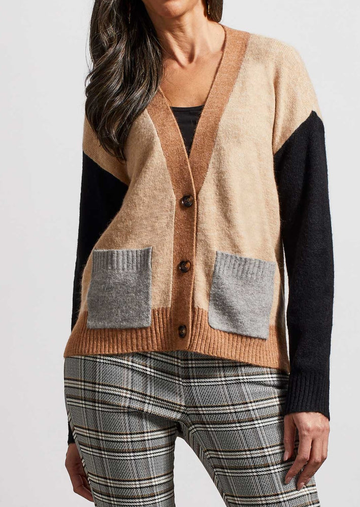 
            
                Load image into Gallery viewer, Tribal sportswear neutral colourblock button front v-neck drop shoulder soft sweater cardigan Manitoba Canada
            
        