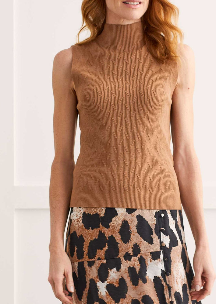 
            
                Load image into Gallery viewer, Tribal sportswear 15610 cinnamon copper brown lightweight cable knit sleeveless mock neck sweater vest classic minimal fall fashion Manitoba Canada
            
        