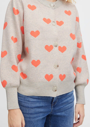 Ichi Brielle classic button front oatmeal cardigan with whimsical neon orange heart pattern Manitoba Canada
