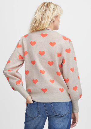 
            
                Load image into Gallery viewer, Ichi Brielle oatmeal bright coral mini heart pattern crew neck basic cardigan Manitoba Canada
            
        