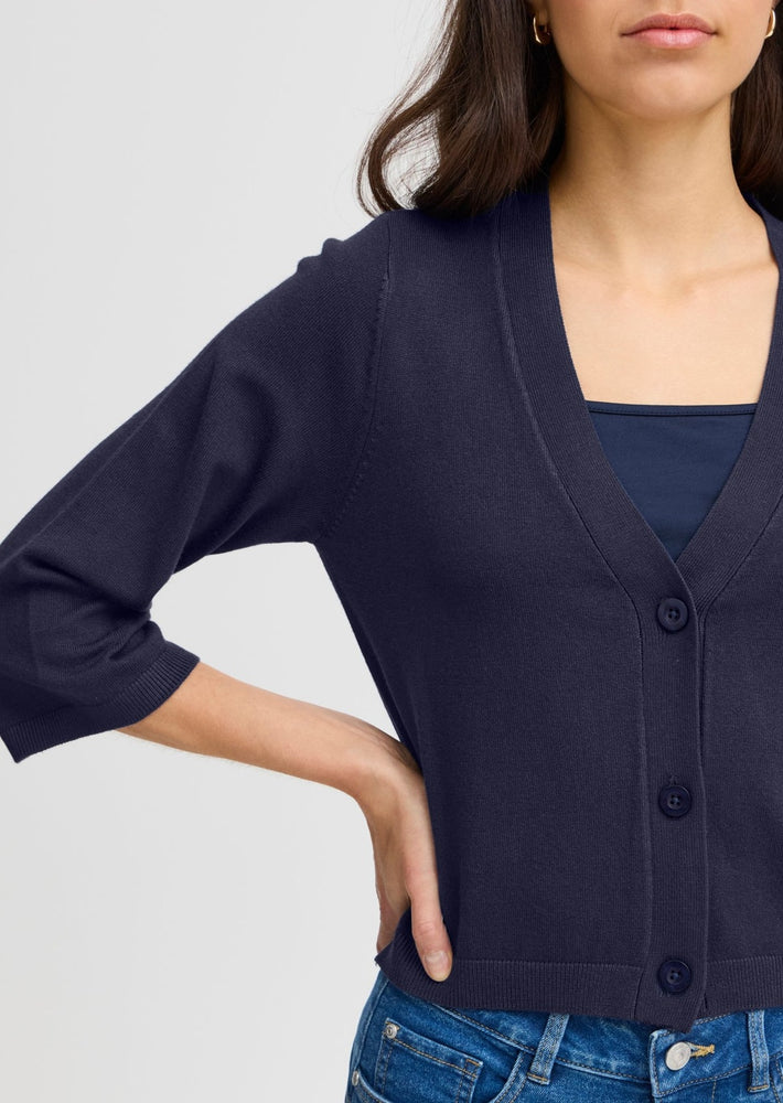 Basic navy v-neck cardigan with buttons and 3/4 sleeves Manitoba Canada