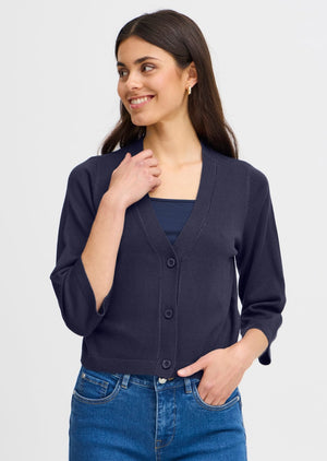 Classic navy v-neck button front topper cardigan for layering summer cover up Manitoba Canada