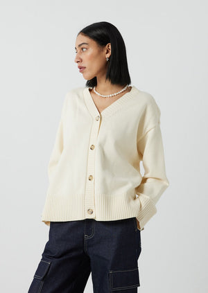 Minimum ladies trianna broken white v-neck cotton blend basic relaxed fit button front cardigan Manitoba Canada