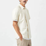 Organic cotton off white mens slim fit short sleeved collared button up dress shirt by Minimum Manitoba Canada