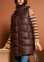 Faux leather vegan puffer long length puffer vest deep brown Manitoba Canada