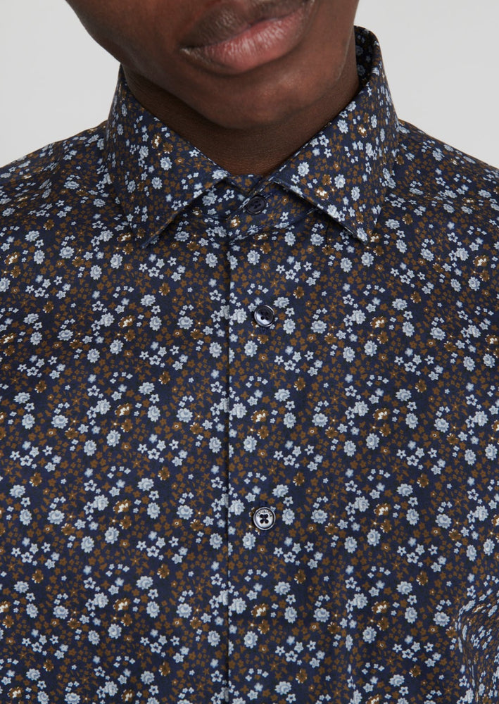 
            
                Load image into Gallery viewer, Matinique mens trostol button front nutmeg floral print classic tailored slim button up dress shirt navy blue Manitoba Canada
            
        