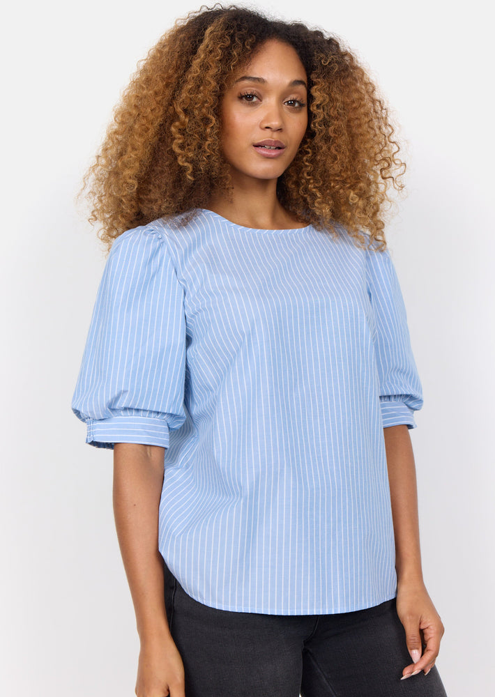 Feminine playful puff sleeve elbow length cotton blend blouse in white and soft blue pine stripes Soya Concept Manitoba Canada