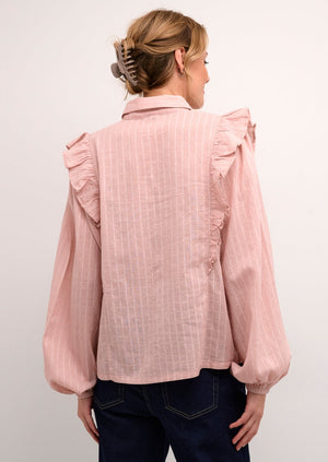Culture Amara tonal stripe ruffle shoulder feminine cotton shirt blouse with collar and long sleeves Manitoba Canada