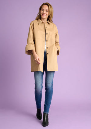 
            
                Load image into Gallery viewer, Culture adrienne short collared trench coat with ruffle sleeve beige Manitoba Canada
            
        