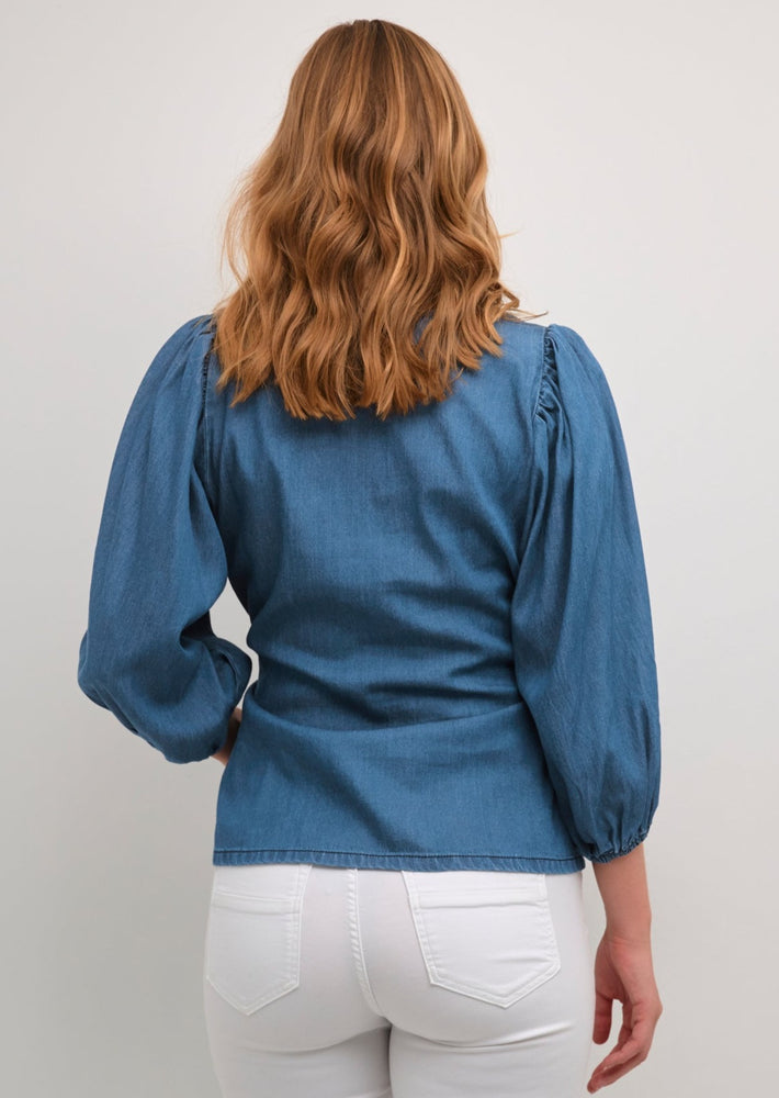 
            
                Load image into Gallery viewer, Culture arpa denim tie waist balloon sleeve dark blue wash blouse Manitoba Canada
            
        