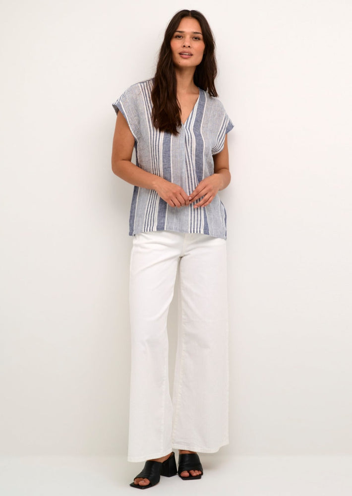 indigo white stripe linen loose fit v-neck capsleeve blouse Manitoba Canada
