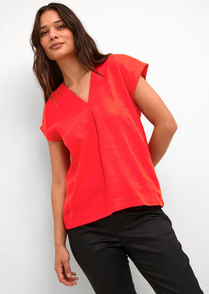 Culture Molly linen capsleeve racing red v-neck relaxed fit blouse Manitoba Canada