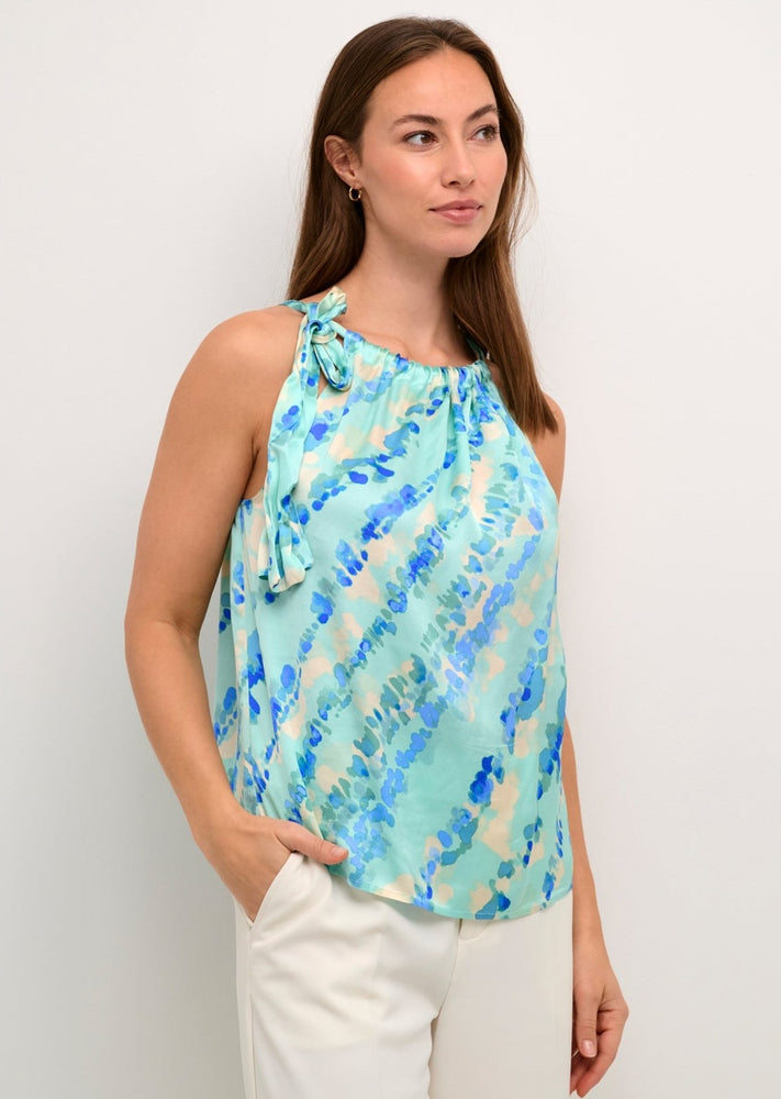 halter style adjustable neckline watercolour aqua sateen dressy summer blouse Manitoba Canada