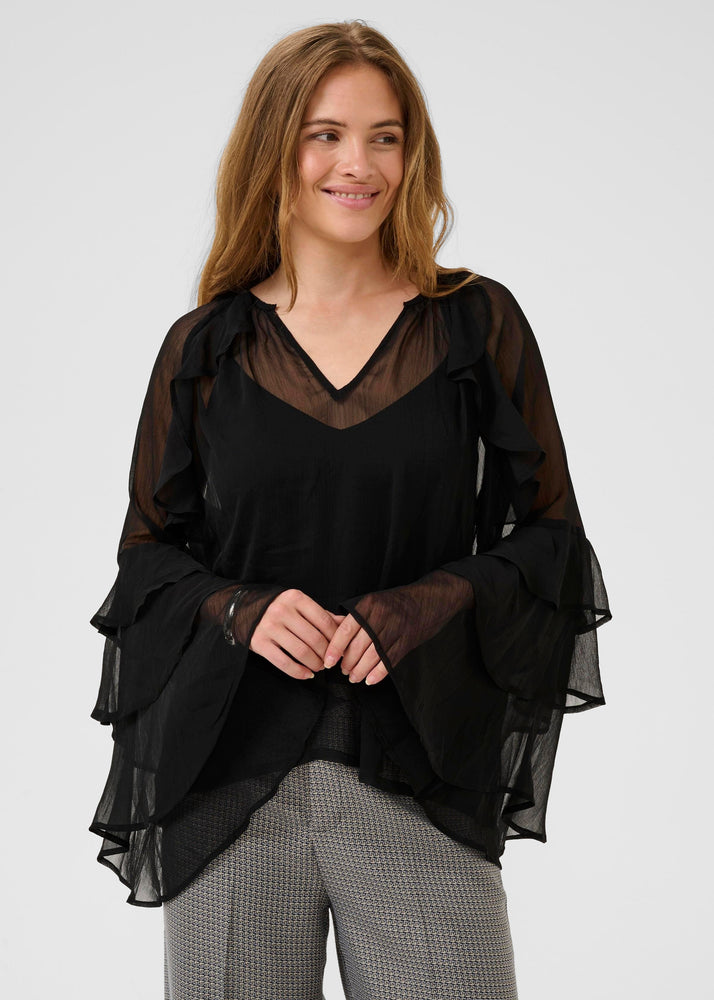 Culture Clothing, Sheer Blouse, Bell Ruffle Sleeves, Long Sleeve Blouse, Winnipeg, Manitoba, Canada, Black Top, Holiday Wear