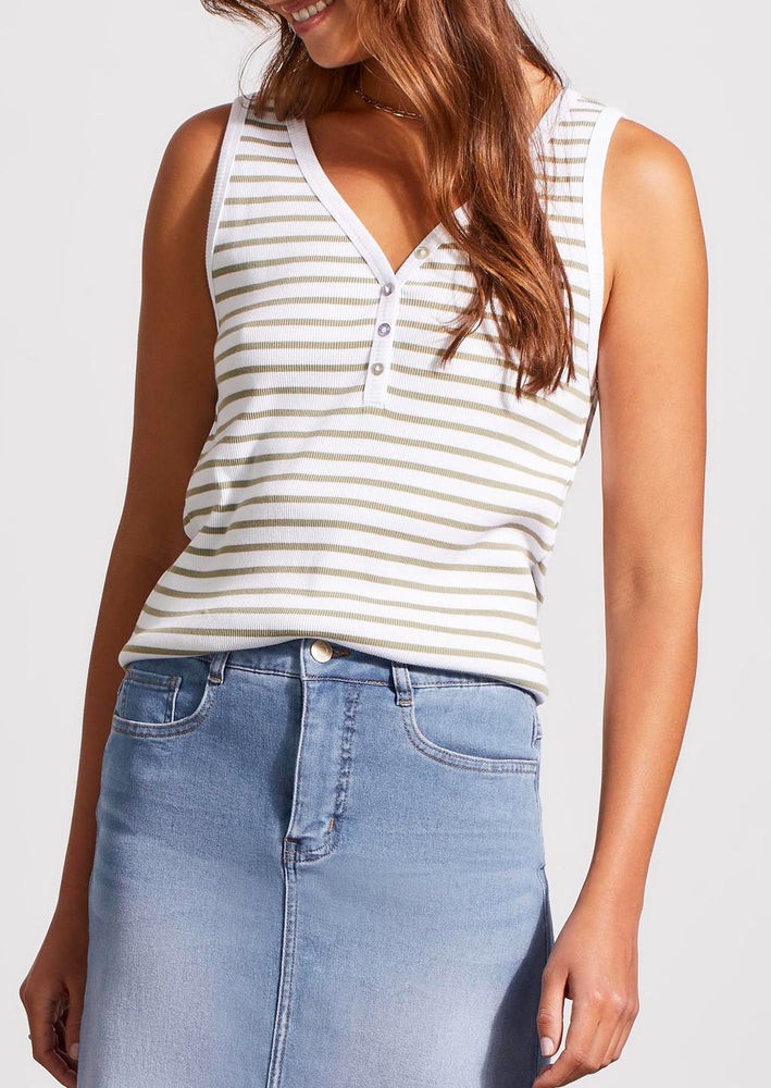 
            
                Load image into Gallery viewer, Classic everyday green and white striped henley v-neck tank top cotton Manitoba Canada
            
        