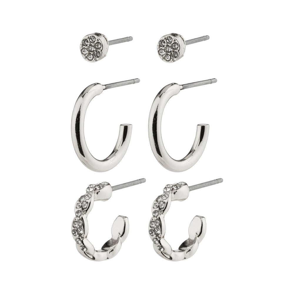 
            
                Load image into Gallery viewer, Timeless silver plated set of three earrings hoops studs crystals Manitoba Canada
            
        