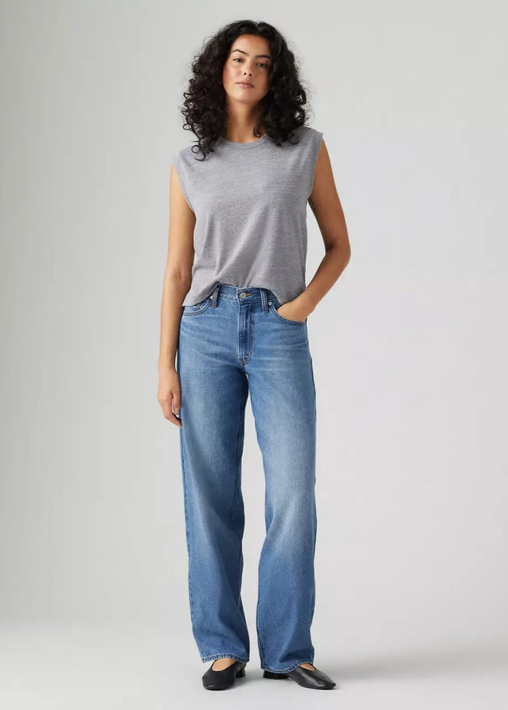 Levi's womens baggy dad cotton linen blend jeans heavy check mid wash denim with mid rise relaxed fit