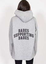 Brunette The Label Babes Supporting Babes oversized big sister soft fleece light pebble heather grey hoodie Manitoba Canada