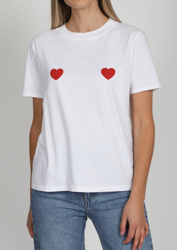 Brunette The Label Double Heart white red valentines day collection relaxed fit cotton t-shirt Manitoba Canada