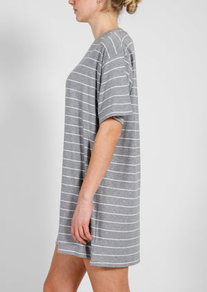 Brunette The Label grey white stripe oversized boxy shirt dress crew neck easy summer layering beach cover up Manitoba Canada