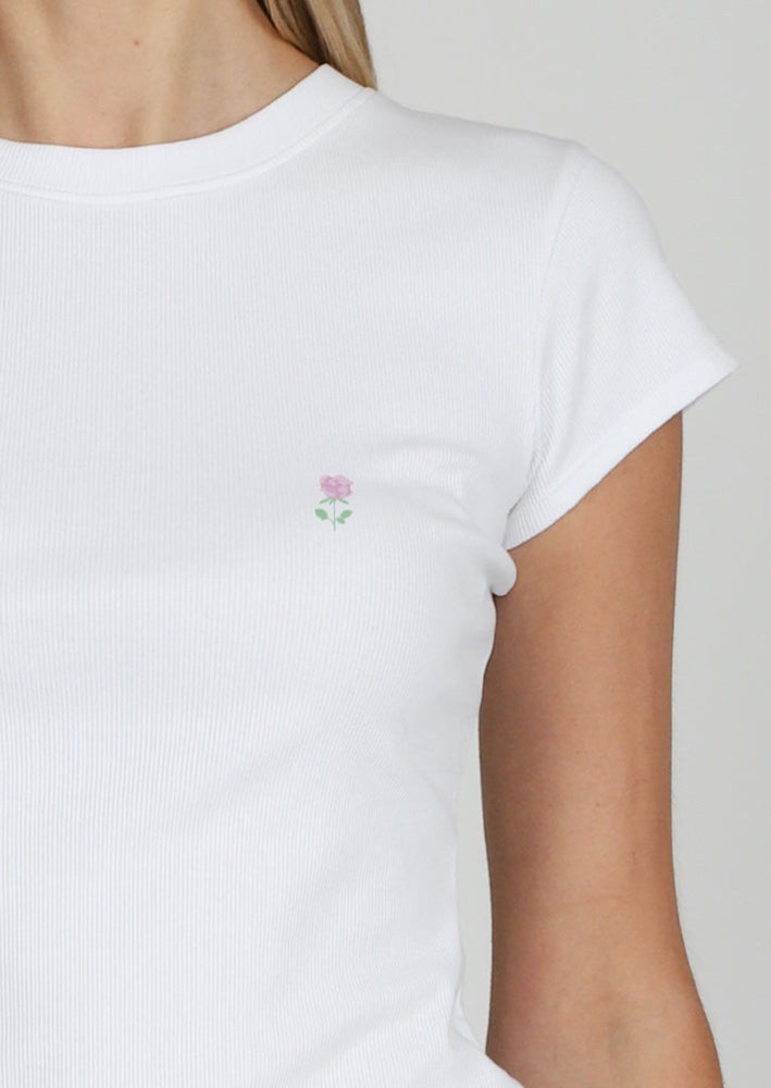 Brunette the Label classic white ribbed fitted t-shirt with rose embroidery Manitoba Canada