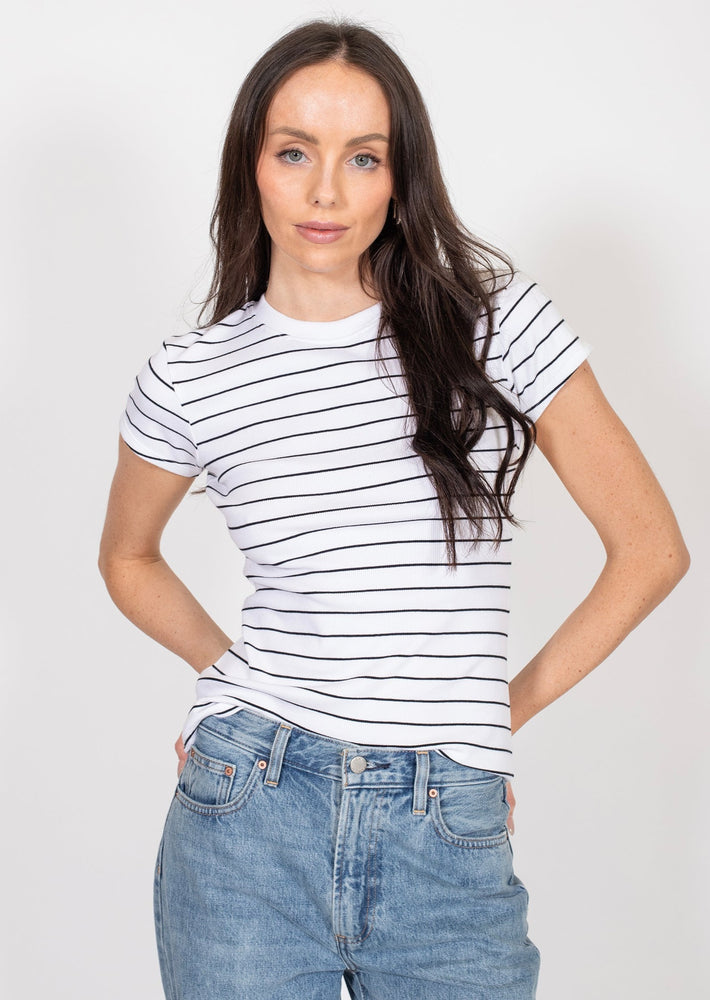 Brunette The Label white with black stripe ribbed fitted tee Manitoba Canada