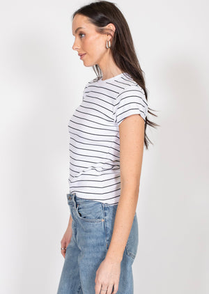 Brunette The Label white with black stripe ribbed fitted tee Manitoba Canada