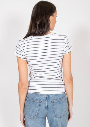 Brunette The Label white with black stripe ribbed fitted tee Manitoba Canada
