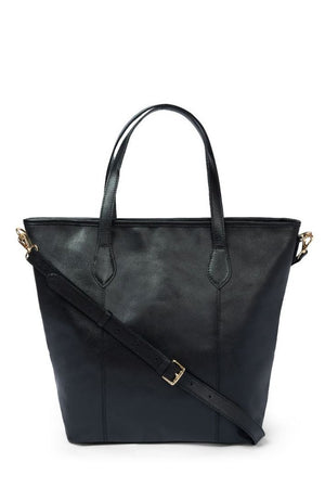 Risa Vancouver upcycled genuine leather classic black tote with laptop shoulder and crossbody strap ethically crafted by women artisans responsibly sourced leather Manitoba Canada