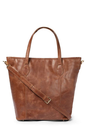 Risa Vancouver upcycled genuine leather tote with removable crossbody strap shoulder strap removable zipper pouch/wristlet responsibly sourced leather ethically made by female artisans crazy horse worn cognac brown colour Manitoba Canada