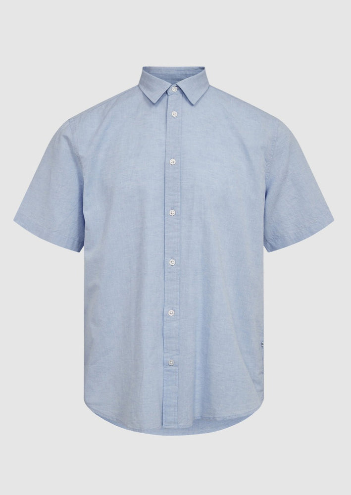 Minimum fashion mens eric organic cotton linen blend short sleeved collared button down shirt hydrangea melange light blue Manitoba Canada