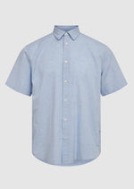 Minimum fashion mens eric organic cotton linen blend short sleeved collared button down shirt hydrangea melange light blue Manitoba Canada