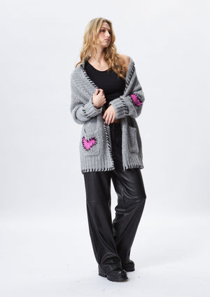 John + Jenn tripp chunky grey knit cardigan with heart patches black top stitching shawl collar button front oversized fit amore colourway Manitoba Canada