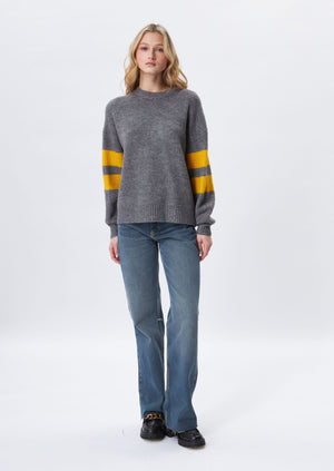 John + Jenn varsity rugby inspired striped sleeve georgie crew neck sweater Manitoba Canada