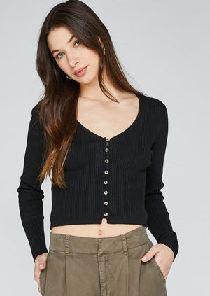 
            
                Load image into Gallery viewer, Gentle Fawn black Lyon rib knit button front light weight cardigan topper Manitoba Canada
            
        